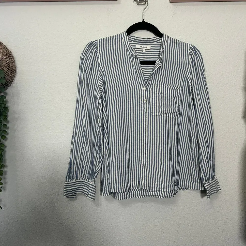 Madewell Puff-Sleeve Popover Shirt in Railroad Stripe Blue White Size XS Preppy